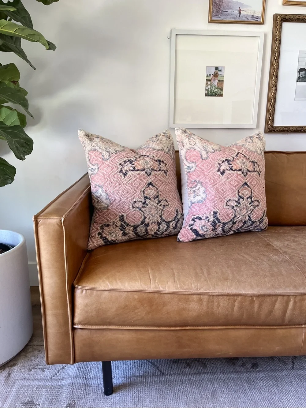 Pair of Pottery Barn Valari Pillow Covers Pink and Navy Kilim Medallion Pattern